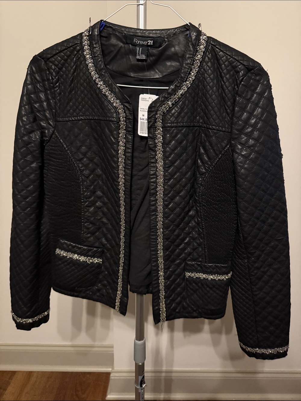 Forever 21 Black Quilted Leather Jacket with Metallic Braid Trim